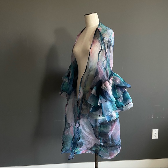 Anthropologie Sheer Ruffle Sleeve Duster Kimono Robe One Size Blue Pink - Picture 5 of 9